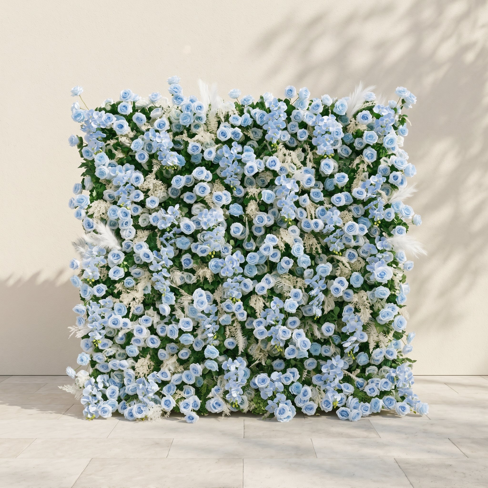 Zarenviane:Luxury 5D Dusty Blue Floral Wall with Greenery Roll-Up Backdrop for Serene Garden Weddings