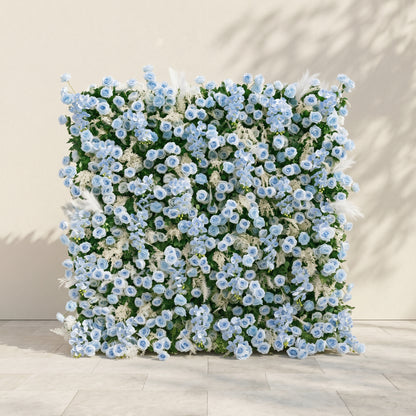 Zarenviane:Luxury 5D Dusty Blue Floral Wall with Greenery Roll-Up Backdrop for Serene Garden Weddings