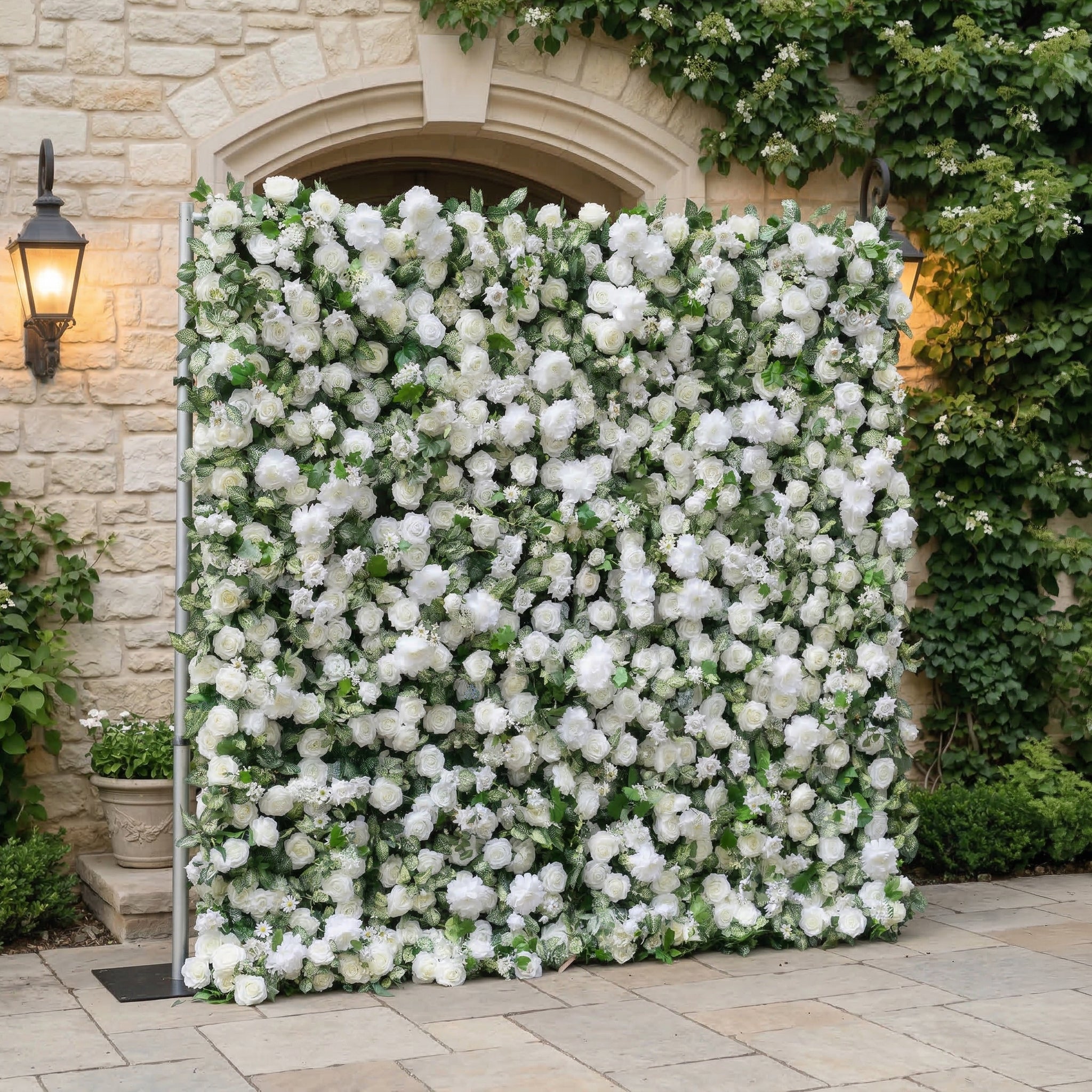 Zirel: 3D Timeless White Flower Wall with Greenery Roll-Up Fabric Backdrop for Luxury Events &amp; Garden Wedding Decor