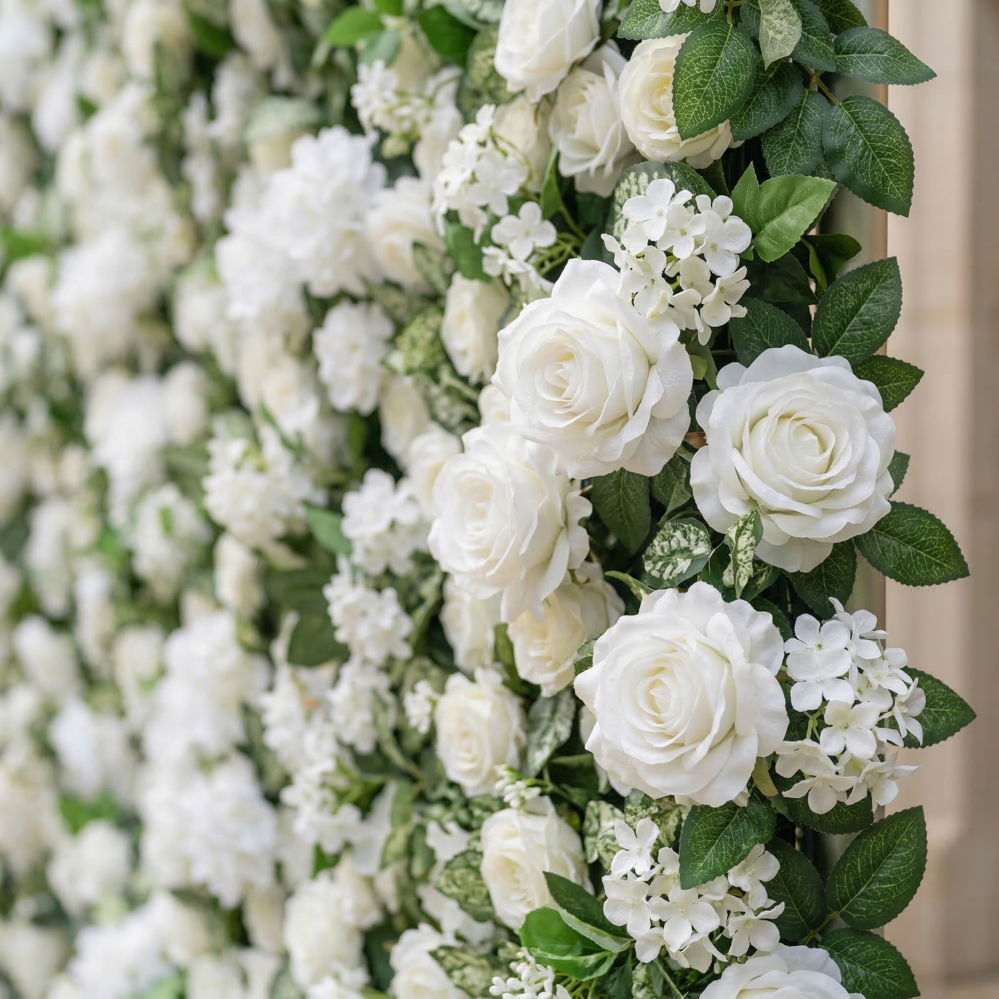 Zirel: 3D Timeless White Flower Wall with Greenery Roll-Up Fabric Backdrop for Luxury Events &amp; Garden Wedding Decor