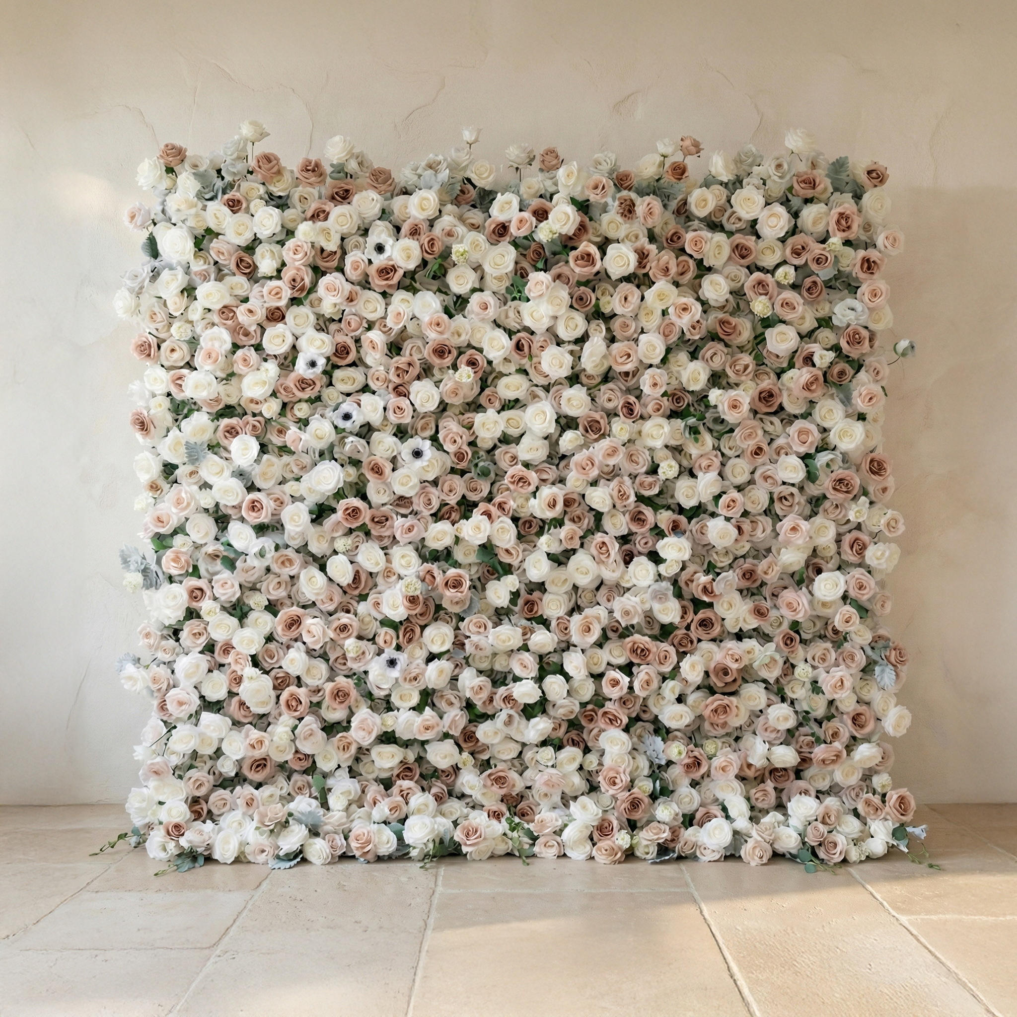 Ziven: 5D Elegant Latte &amp; Ivory Silk Rose Flower Wall Roll-Up Fabric Backdrop for Luxury Wedding &amp; Modern Interior Decor