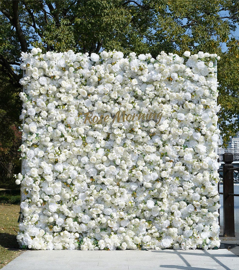 White Rose Morning flower wall set up outdoors