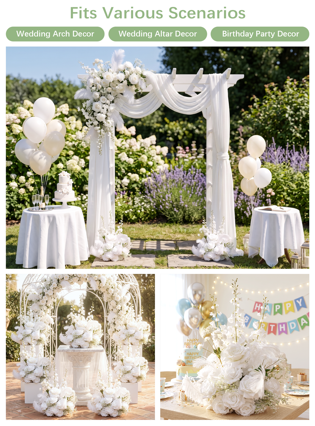 Florielle：White Artificial Rose Arrangements, Wedding Aisle &amp; Table Decor Realistic Silk Flowers with Stable Base,Reusable,Ideal for Indoor Outdoor Ceremonies,Parties &amp; Table Centerpieces