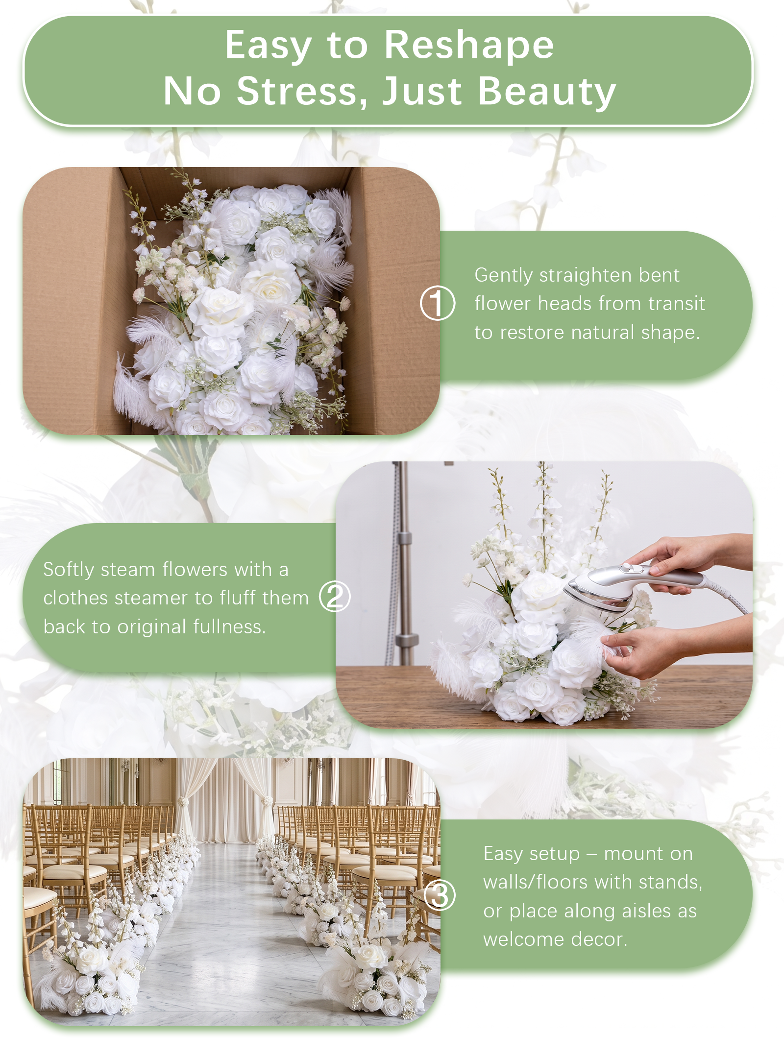 Florielle：White Artificial Rose Arrangements, Wedding Aisle &amp; Table Decor Realistic Silk Flowers with Stable Base,Reusable,Ideal for Indoor Outdoor Ceremonies,Parties &amp; Table Centerpieces