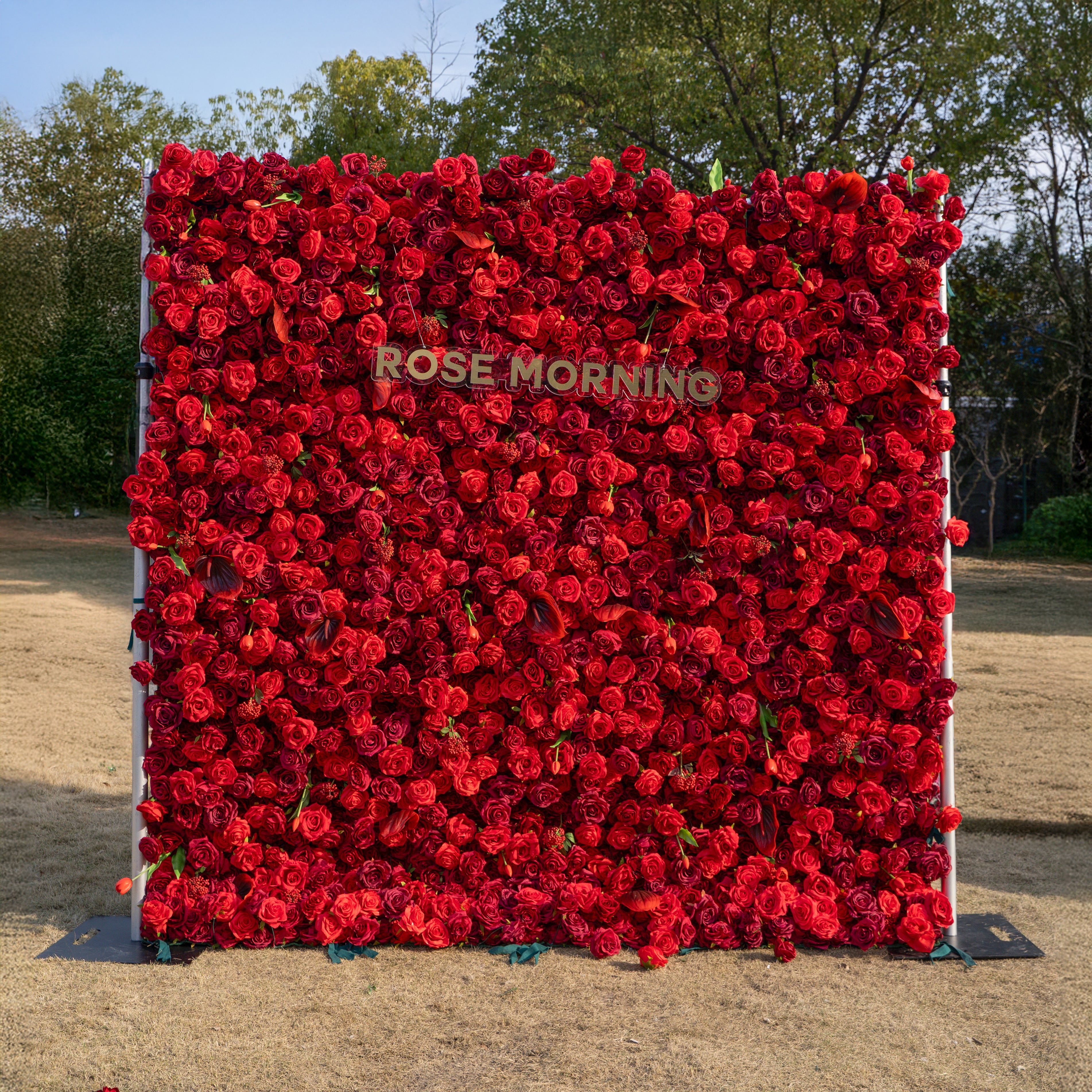 Annelise: 5D Pure Red Silk Rose with Blue hydrangeas Flower Wall Roll-Up Fabric Backdrop for Elegant Weddings &amp; Events Decoration