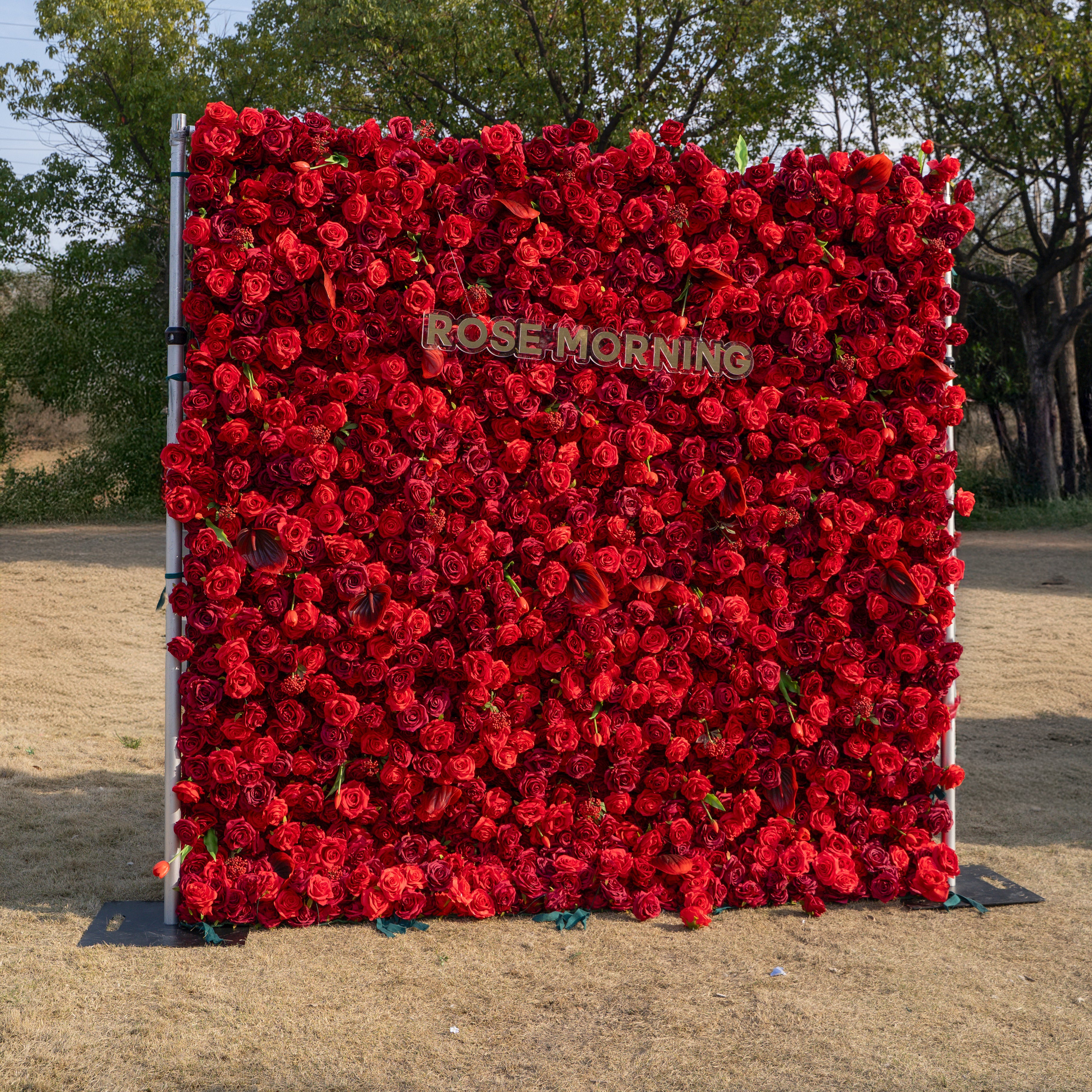 Annelise: 5D Pure Red Silk Rose with Blue hydrangeas Flower Wall Roll-Up Fabric Backdrop for Elegant Weddings &amp; Events Decoration