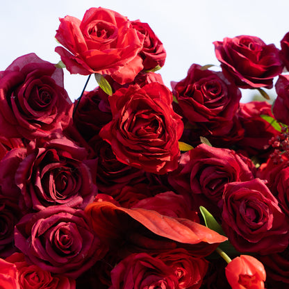 Annelise: 5D Pure Red Silk Rose with Blue hydrangeas Flower Wall Roll-Up Fabric Backdrop for Elegant Weddings &amp; Events Decoration