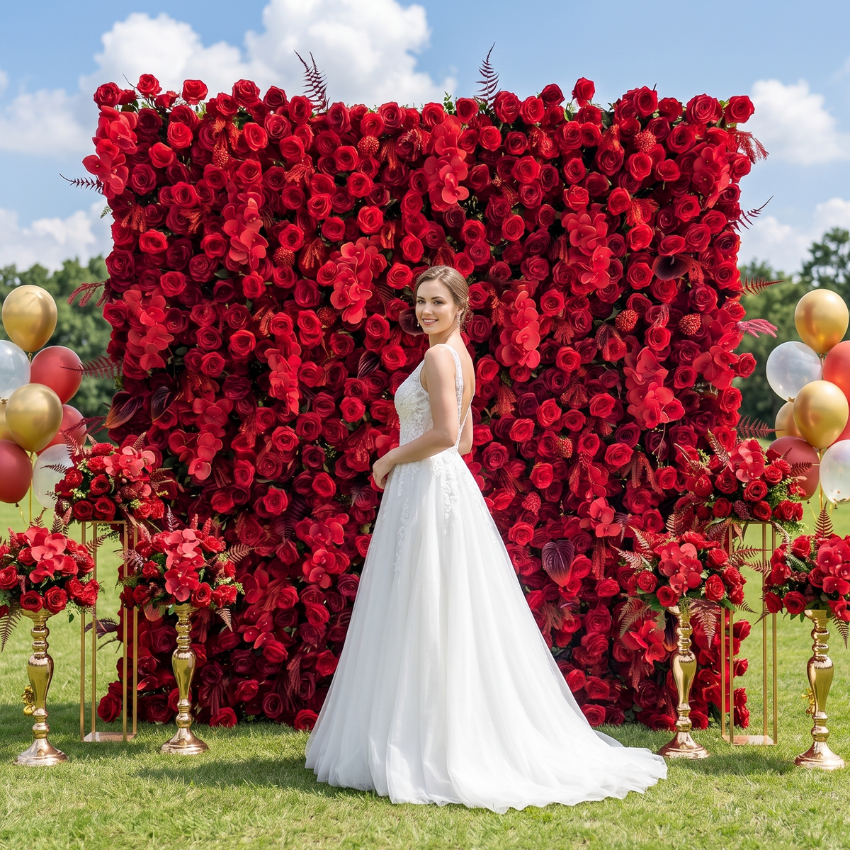 Crimson: 3D Elegant Berry &amp; Burgundy Rose Silk Flower Wall Curtain for Wedding Ceremony &amp; Events Decor (In US Stock 5-7 Days)