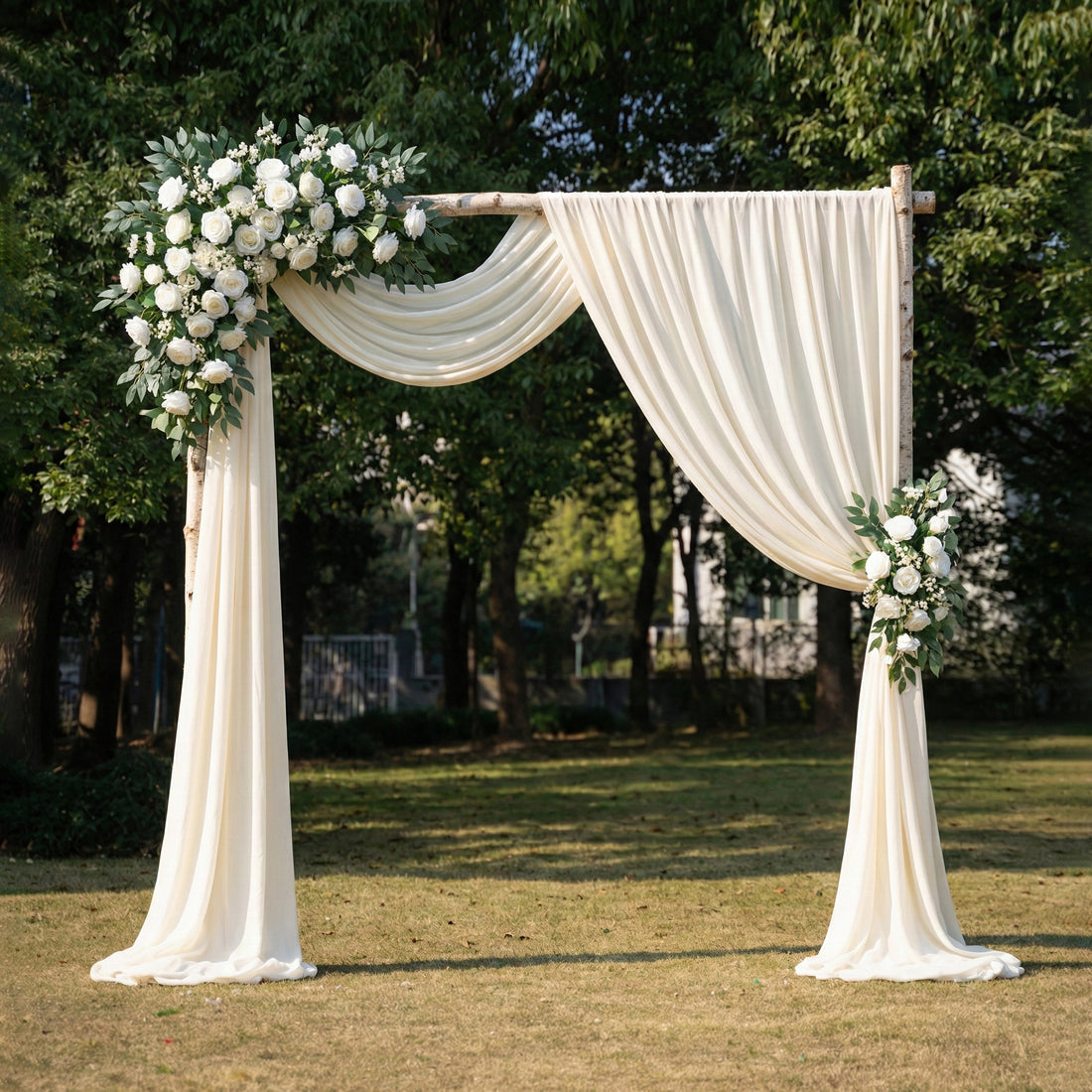 Elegant Ivory and Greenery Wedding Arch Flowers Swag with Sheer Drapes Set for Garden Ceremony and Altar Decor