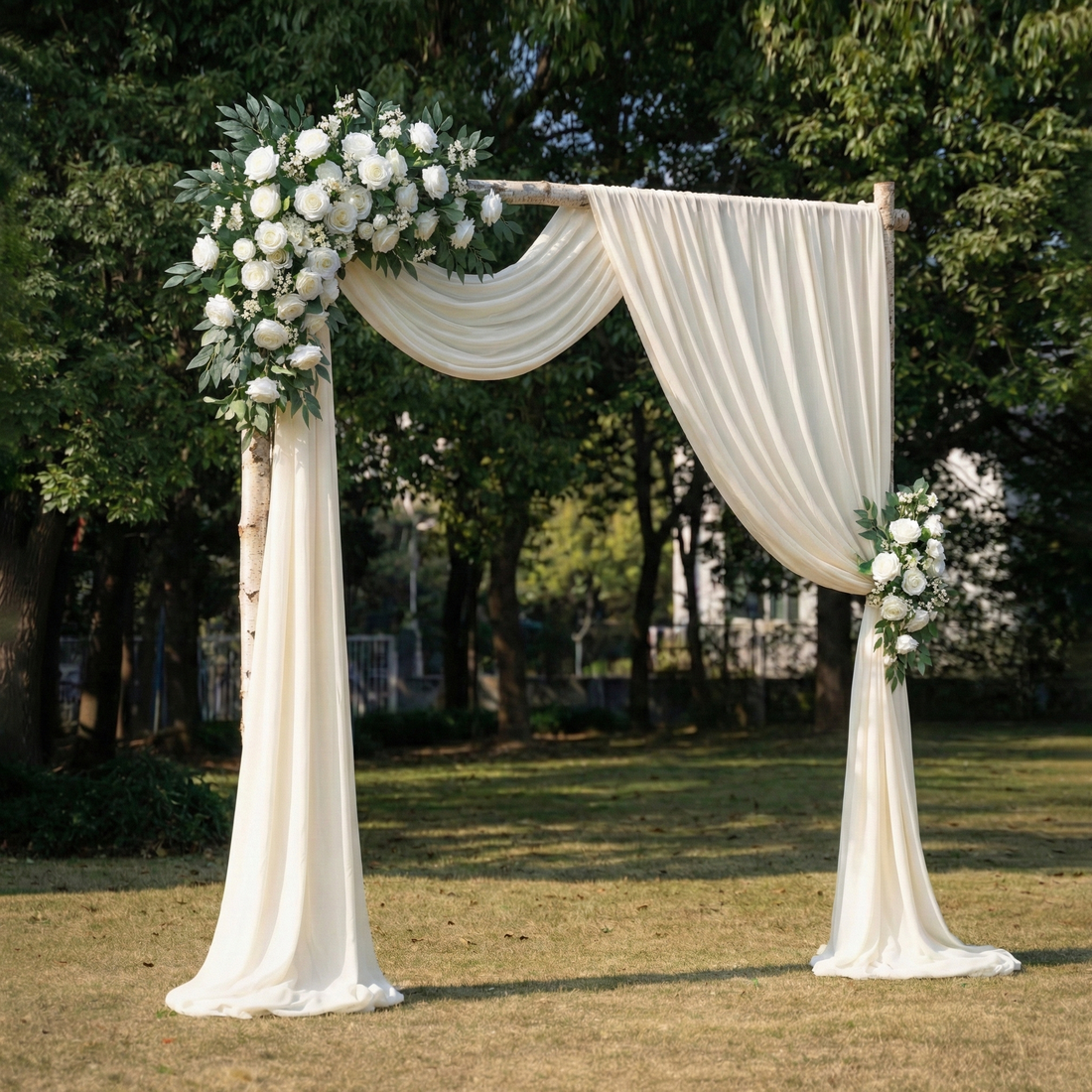 Elegant Ivory and Greenery Wedding Arch Flowers Swag with Sheer Drapes Set for Garden Ceremony and Altar Decor
