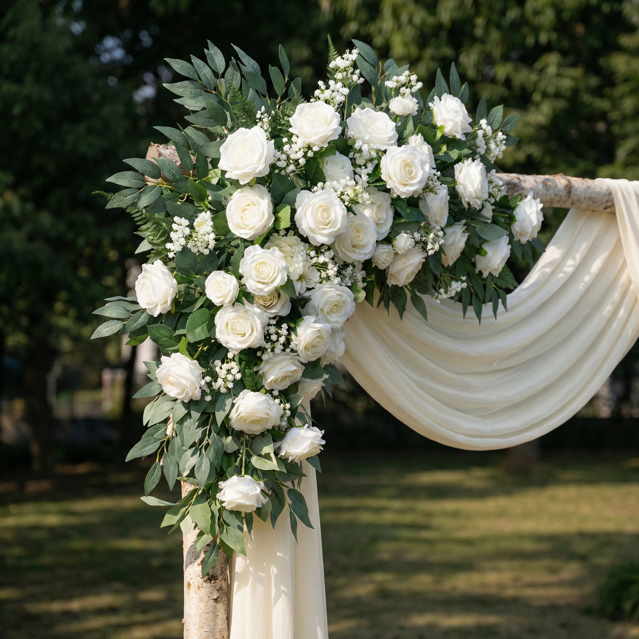 Elegant Ivory and Greenery Wedding Arch Flowers Swag with Sheer Drapes Set for Garden Ceremony and Altar Decor
