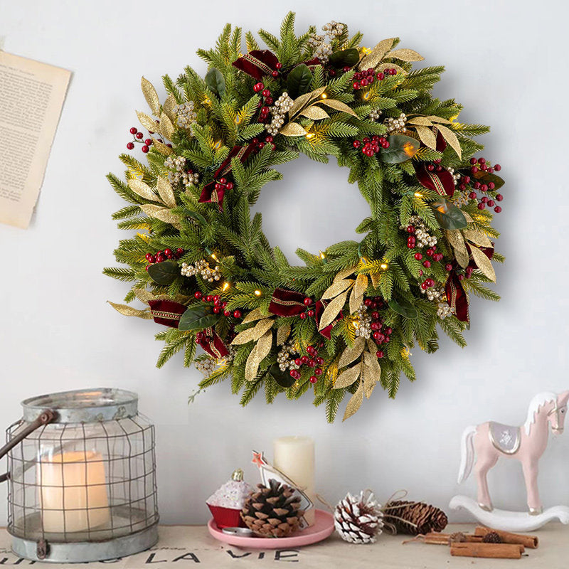 24 Inches Luxury Wreath with Gold Leaves, Red Berries and Warm Lights