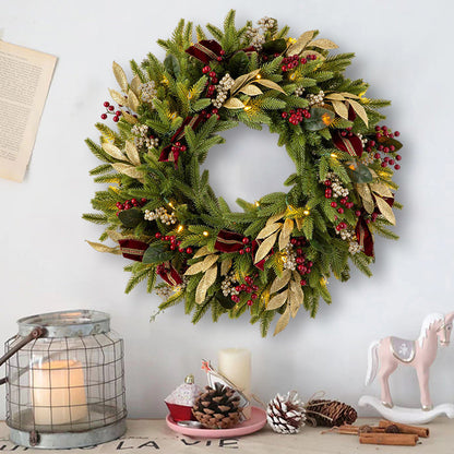 24 Inches Luxury Christmas Wreath with Gold Leaves, Red Berries and Warm Lights