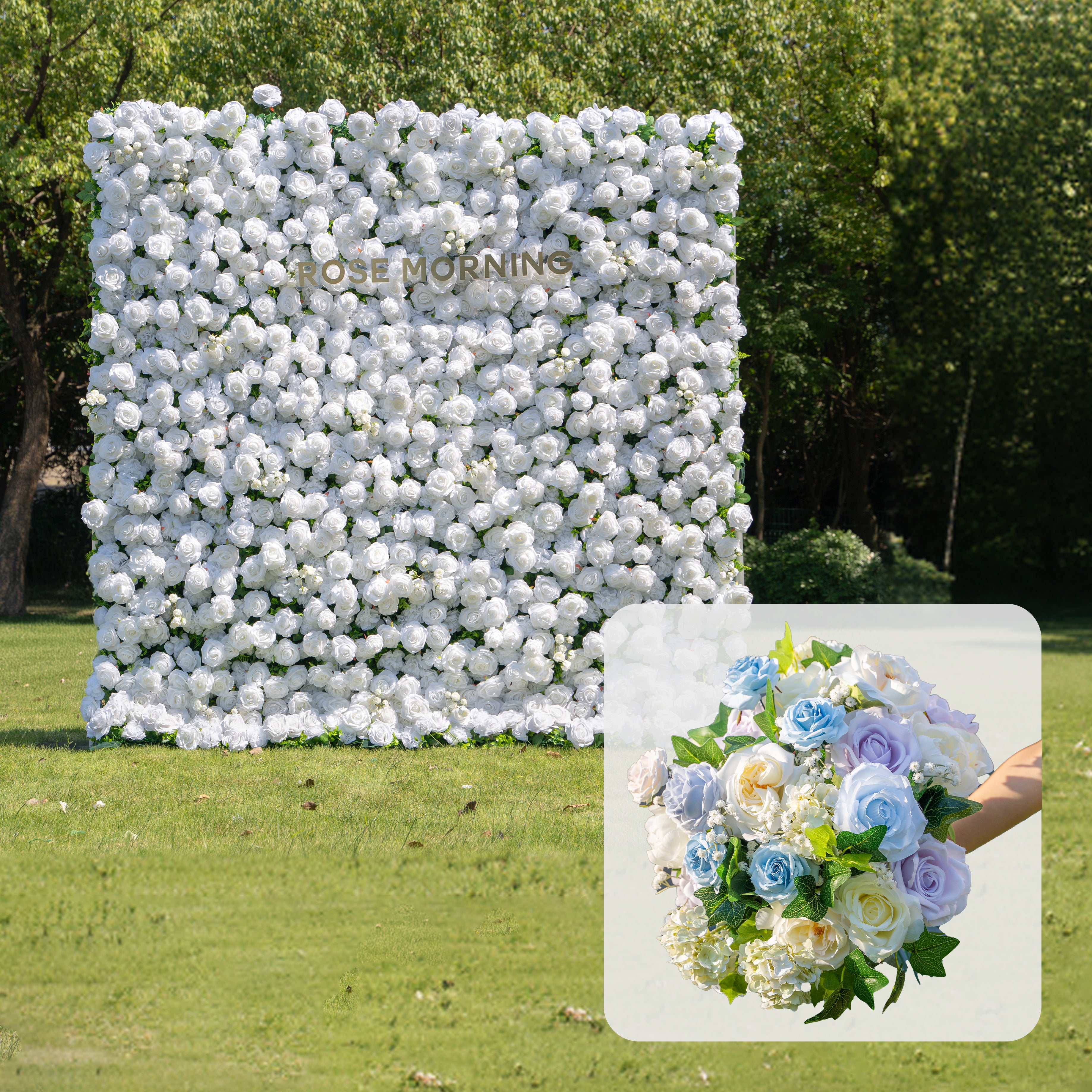 CP01: One Fabric Backdrop Artificial rolling up flower wall+100 Loose Flowers (Blue)