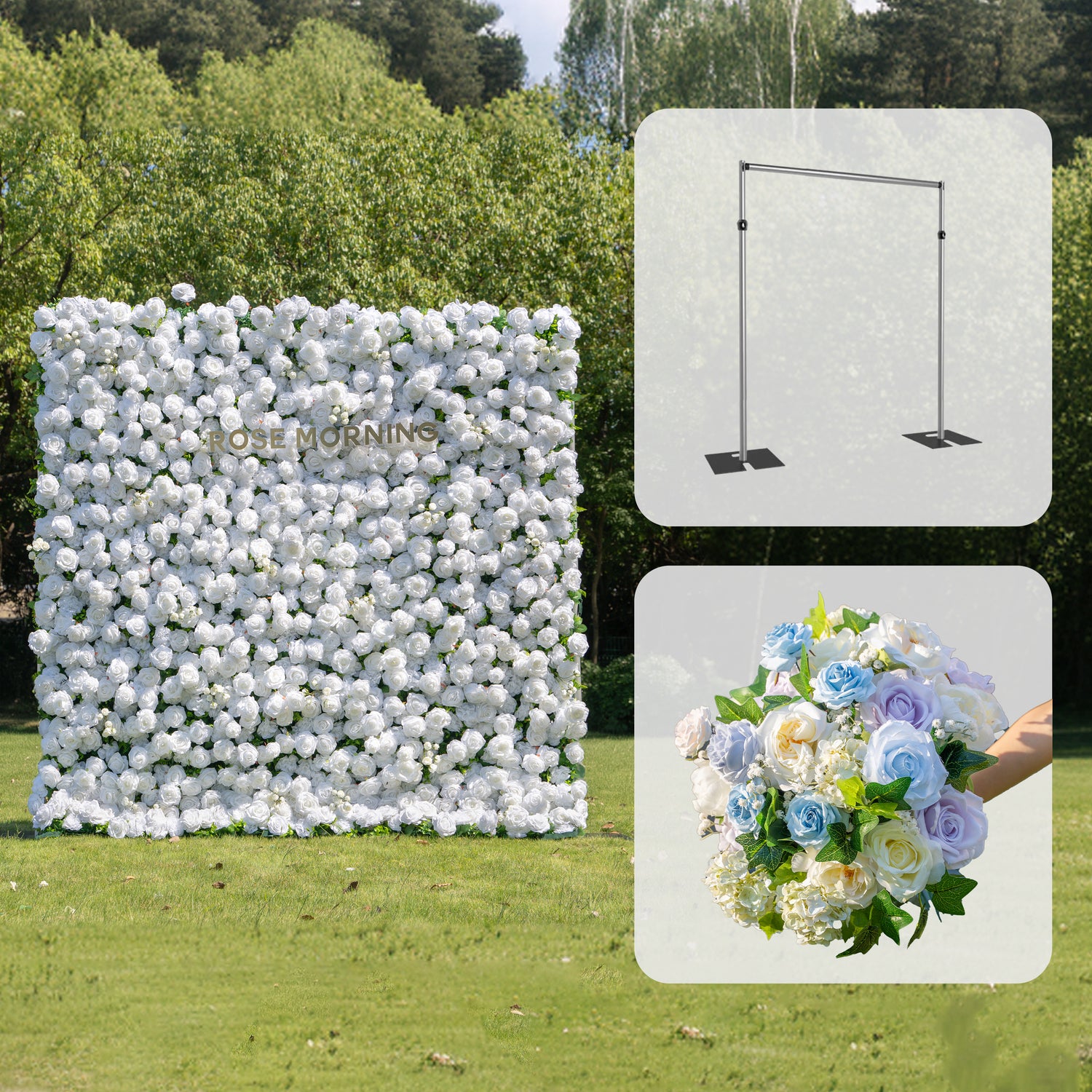 CP06: One Fabric Backdrop Artificial rolling up flower wall+100 Loose Flowers (Blue)+ 1 Flower Wall Stand