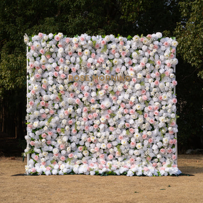 Céline: 3D Elegant White &amp; Blush Pink Silk Rose Flower Wall Roll-Up Fabric Backdrop for Luxury Weddings &amp; Events