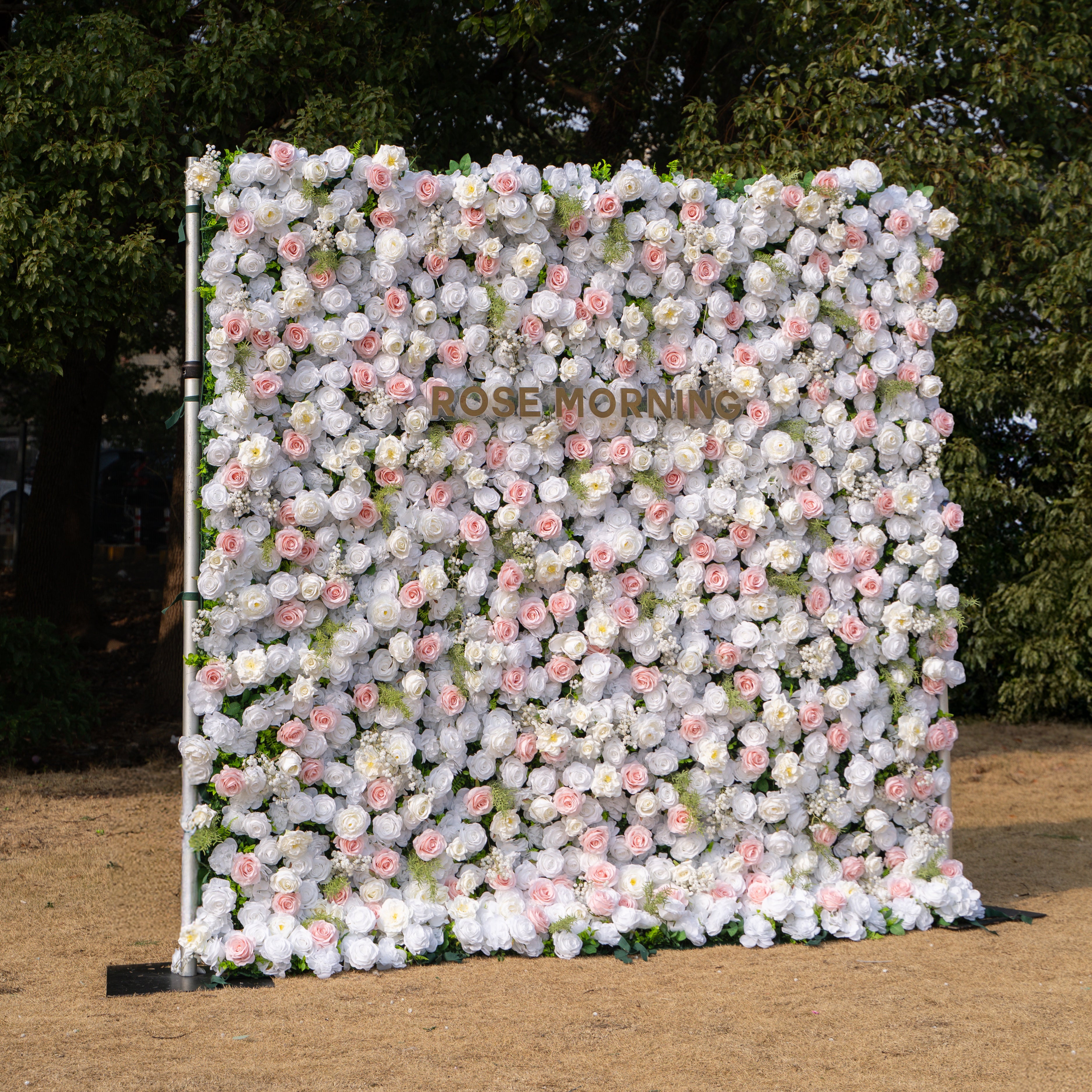 Céline: 3D Elegant White &amp; Blush Pink Silk Rose Flower Wall Roll-Up Fabric Backdrop for Luxury Weddings &amp; Events