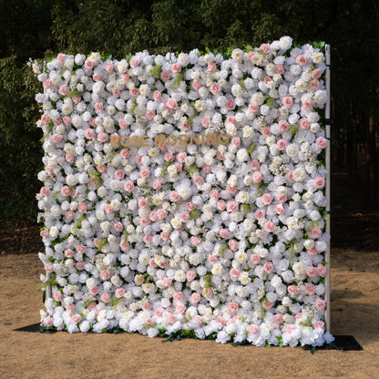 Céline: 3D Elegant White &amp; Blush Pink Silk Rose Flower Wall Roll-Up Fabric Backdrop for Luxury Weddings &amp; Events