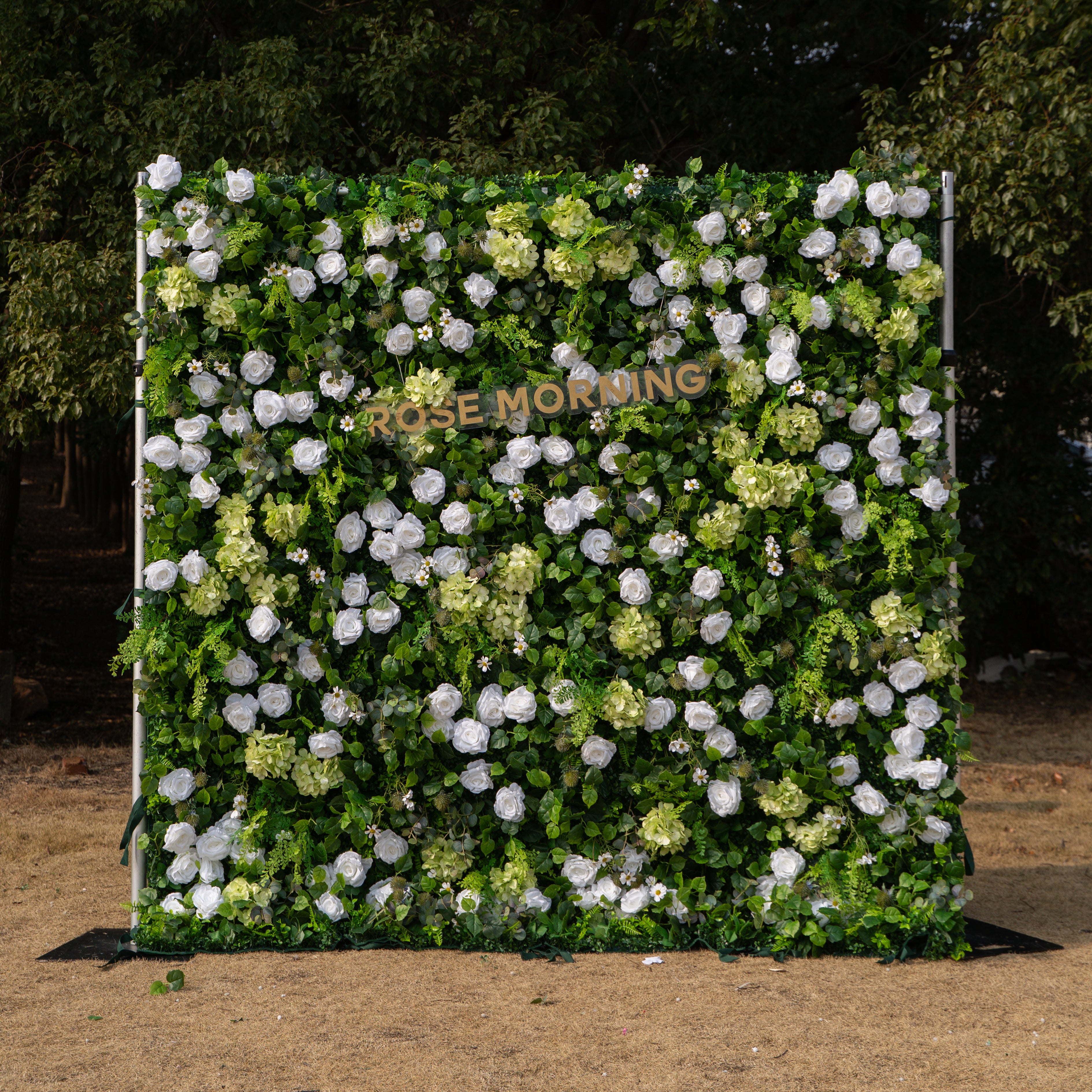 Cressida: 3D Elegant White Silk Rose &amp; Greenery Foliage Wall Roll-Up Fabric Backdrop for Luxury Weddings, Parties &amp; Botanical Decor