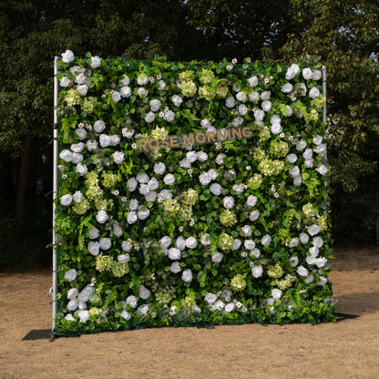 Cressida: 3D Elegant White Silk Rose &amp; Greenery Foliage Wall Roll-Up Fabric Backdrop for Luxury Weddings, Parties &amp; Botanical Decor