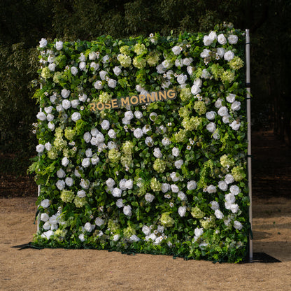 Cressida: 3D Elegant White Silk Rose &amp; Greenery Foliage Wall Roll-Up Fabric Backdrop for Luxury Weddings, Parties &amp; Botanical Decor