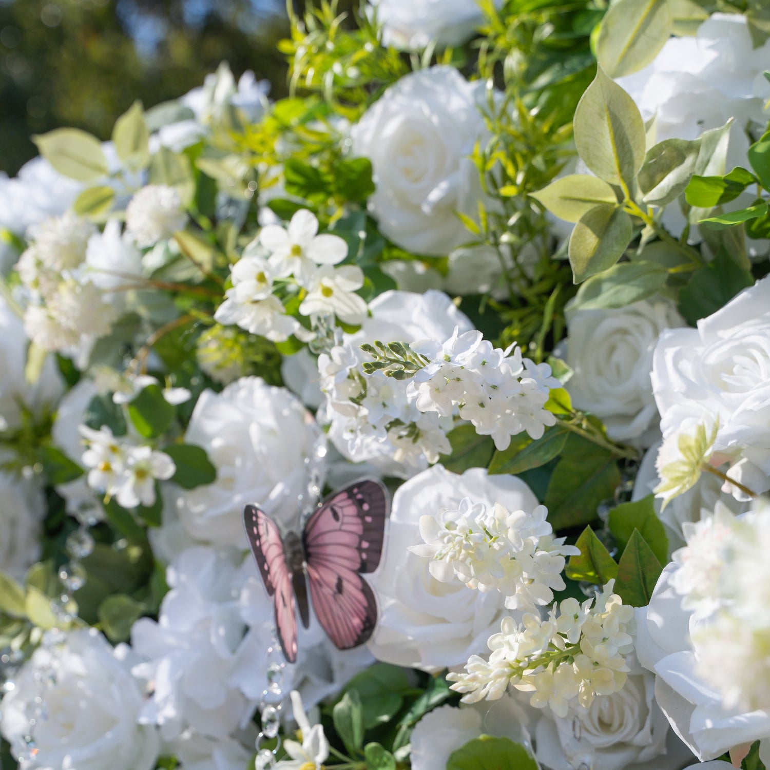 Crystal：Fabric Artificial rolling up curtain flower wall with Crystal Beaded and PVC Butterflies for DIY