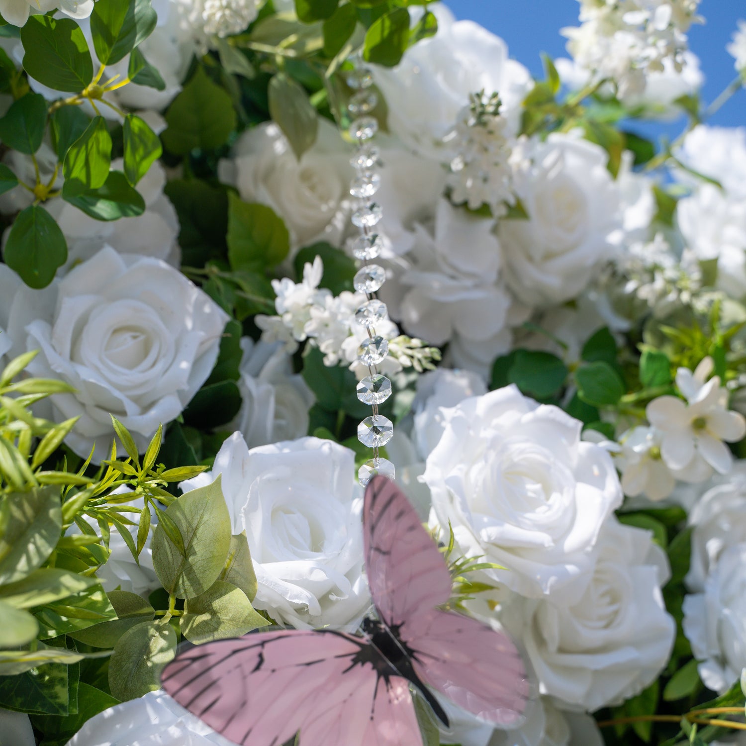 Crystal：Fabric Artificial rolling up curtain flower wall with Crystal Beaded and PVC Butterflies for DIY