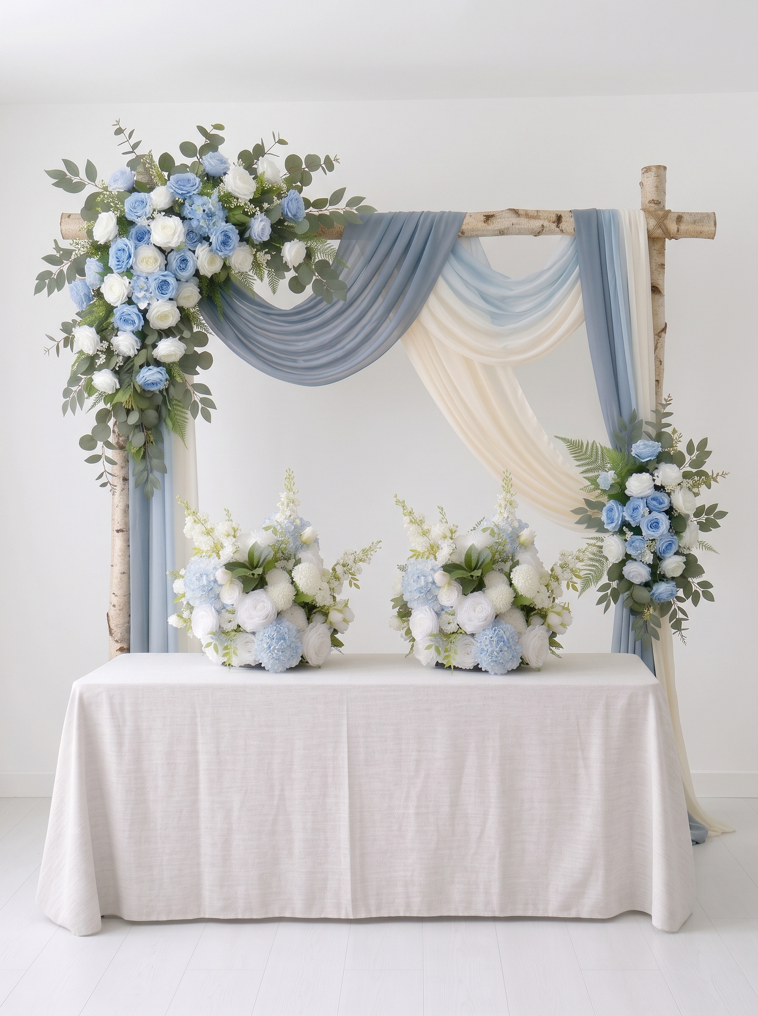 Dusty Blue Rose Floral Wedding Arch Flowers Kit with Drapes for Ceremony Backdrop