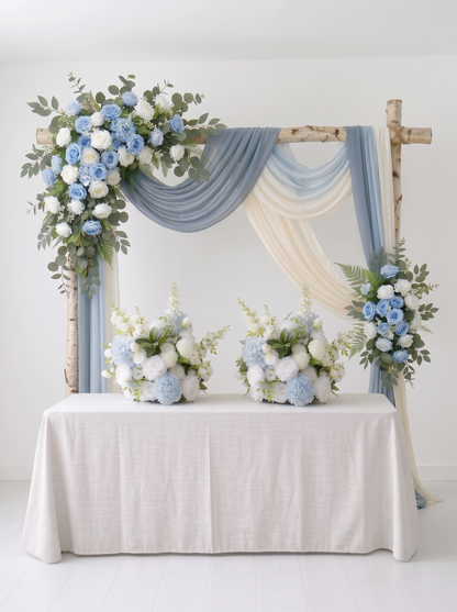 Dusty Blue Rose Floral Wedding Arch Flowers Kit with Drapes for Ceremony Backdrop