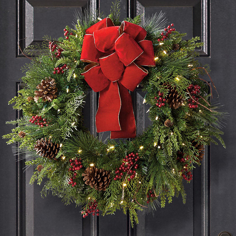 Pre-Lit 24Inch Christmas Evergreen Wreath with Red Bow &amp; Pine Cones