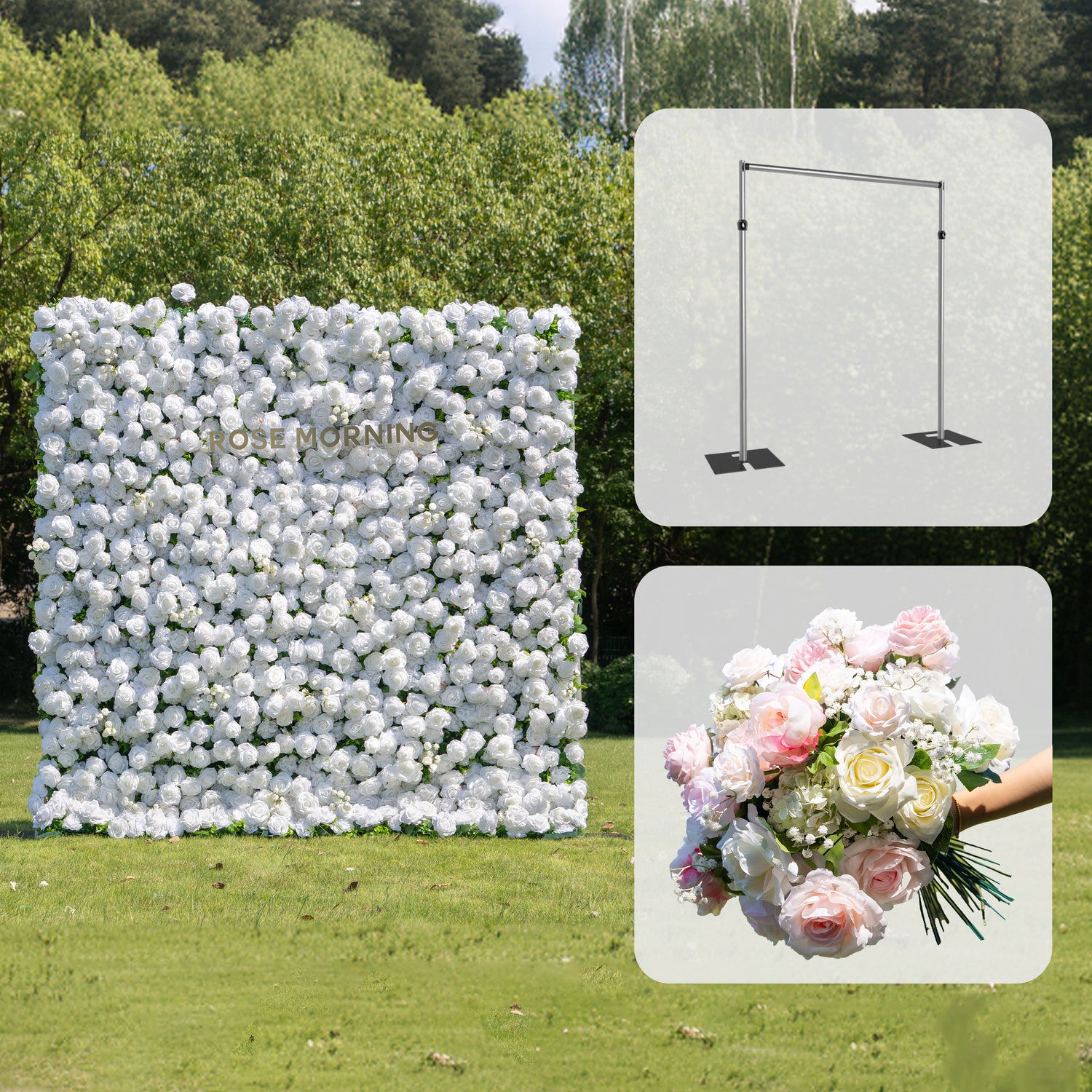 CP08: One Fabric Backdrop Artificial rolling up flower wall+100 Loose Flowers (Pink)+1 Flower Wall Stand