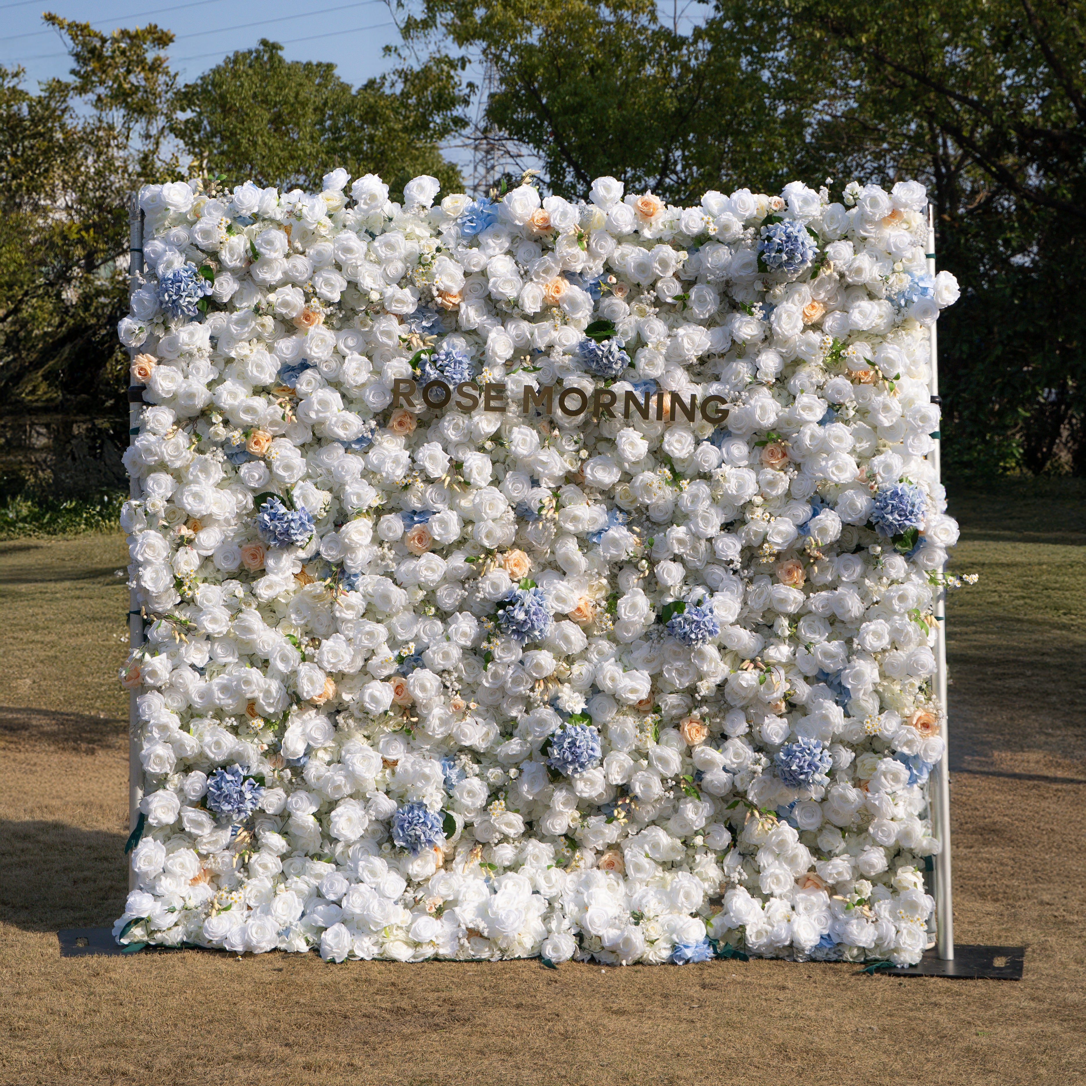 Elodie: 5D White and Yellow Silk Rose with Blue hydrangeas Flower Wall Roll-Up Fabric Backdrop for Elegant Weddings &amp; Events Decoration