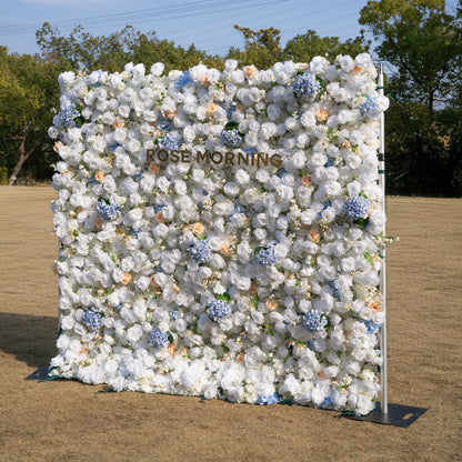 Elodie: 5D White and Yellow Silk Rose with Blue hydrangeas Flower Wall Roll-Up Fabric Backdrop for Elegant Weddings &amp; Events Decoration