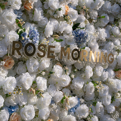 Elodie: 5D White and Yellow Silk Rose with Blue hydrangeas Flower Wall Roll-Up Fabric Backdrop for Elegant Weddings &amp; Events Decoration