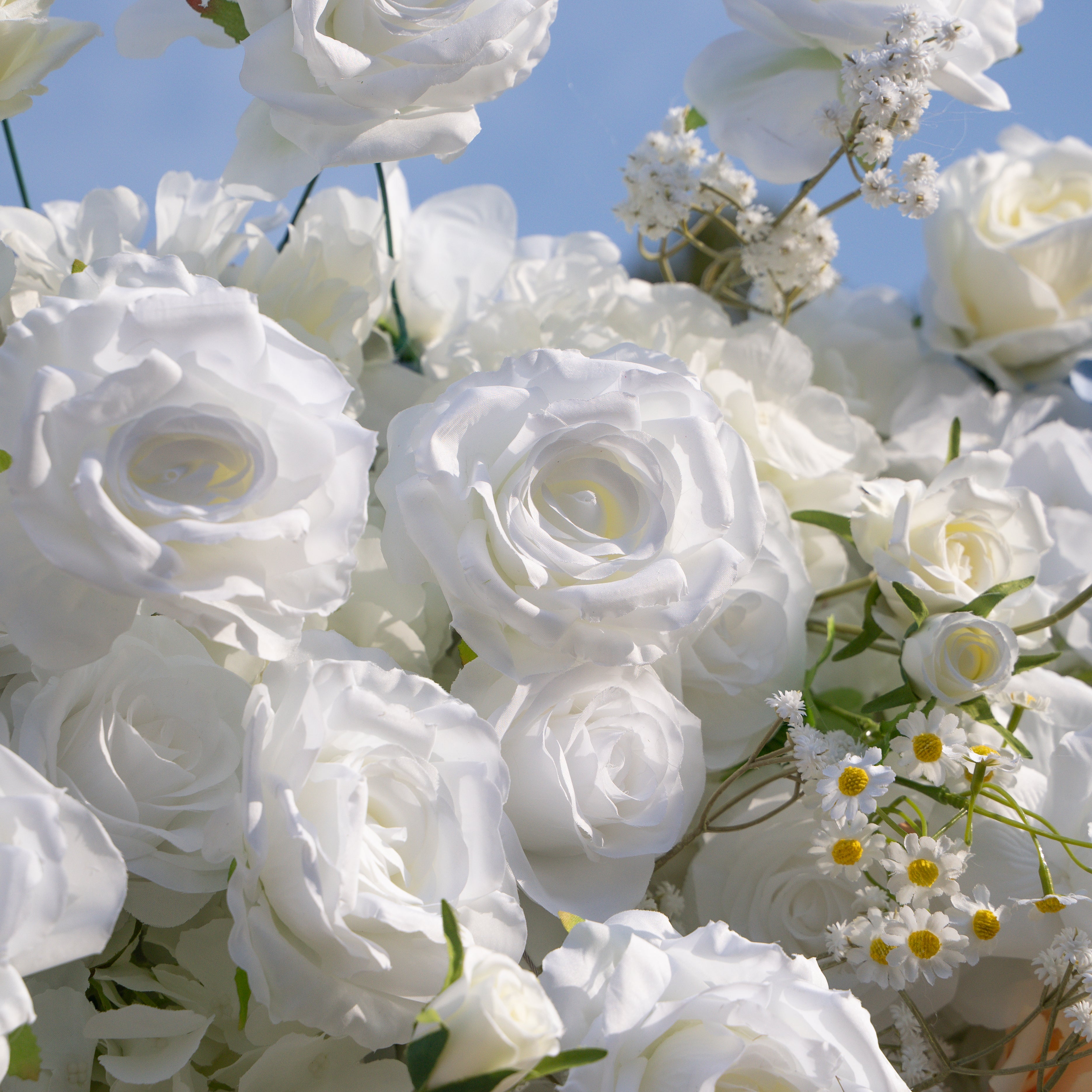 Elodie: 5D White and Yellow Silk Rose with Blue hydrangeas Flower Wall Roll-Up Fabric Backdrop for Elegant Weddings &amp; Events Decoration