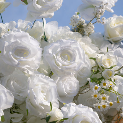 Elodie: 5D White and Yellow Silk Rose with Blue hydrangeas Flower Wall Roll-Up Fabric Backdrop for Elegant Weddings &amp; Events Decoration