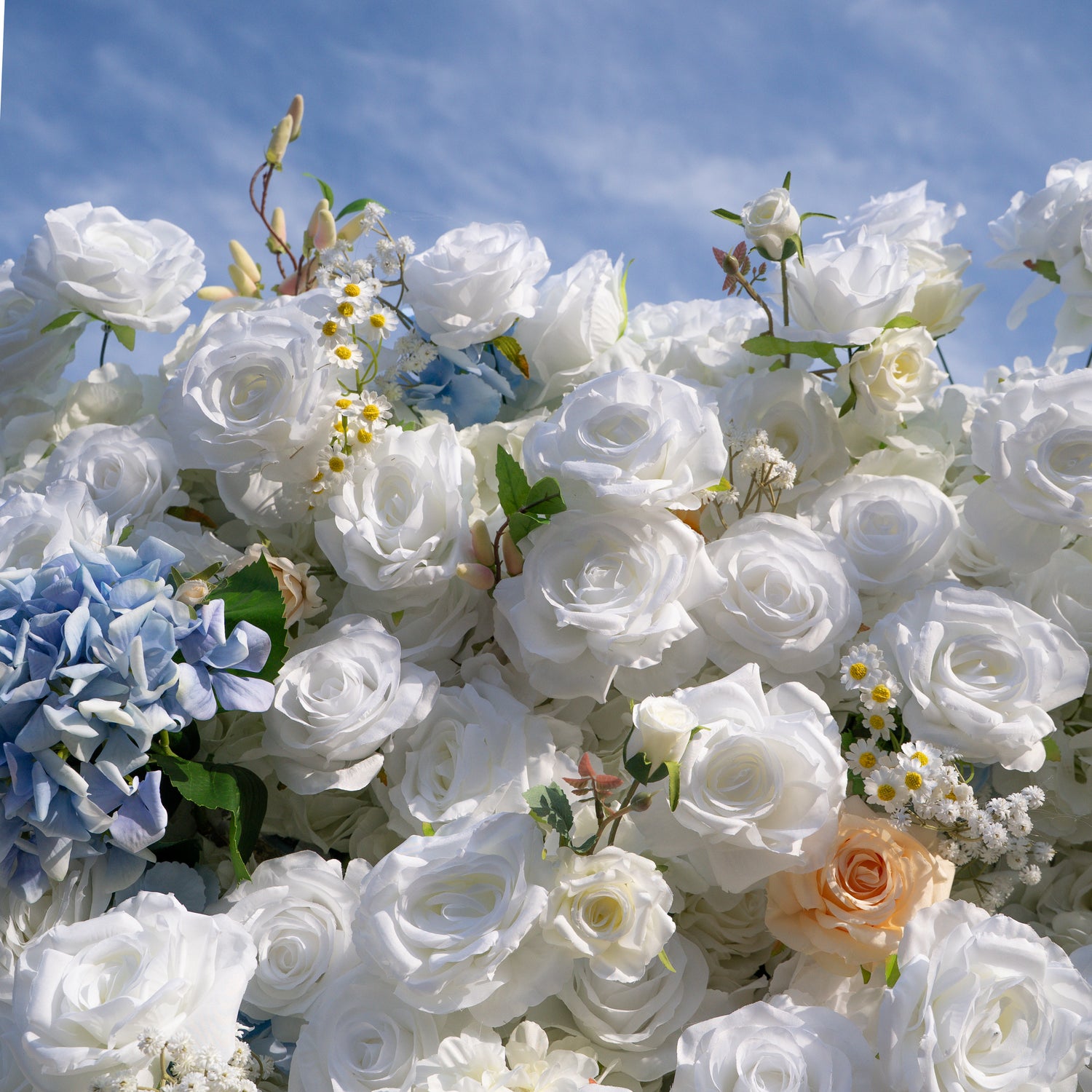 Elodie: 5D White and Yellow Silk Rose with Blue hydrangeas Flower Wall Roll-Up Fabric Backdrop for Elegant Weddings &amp; Events Decoration