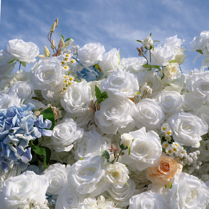 Elodie: 5D White and Yellow Silk Rose with Blue hydrangeas Flower Wall Roll-Up Fabric Backdrop for Elegant Weddings &amp; Events Decoration