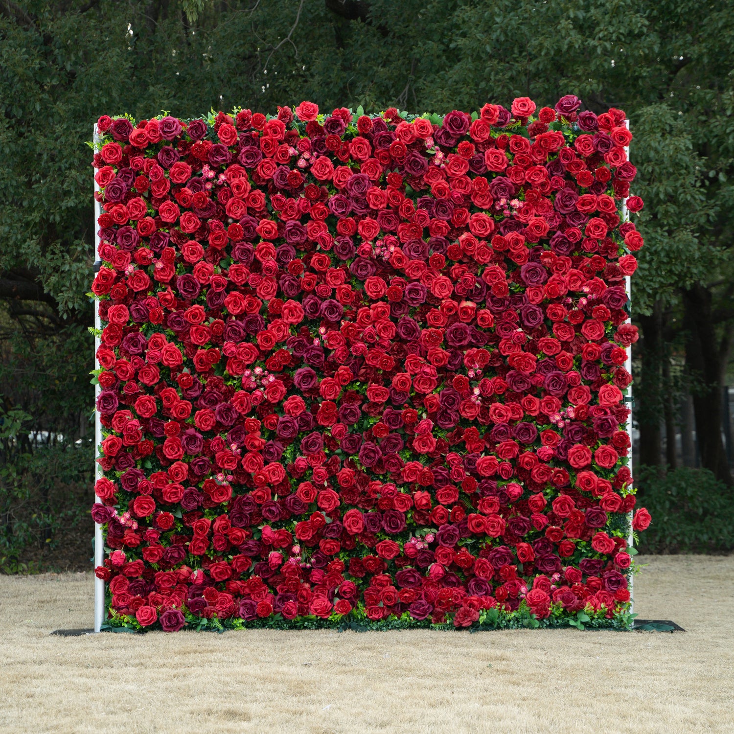 Elysia: 3D Luxury Burgundy Silk Rose Flower Wall Roll-Up Fabric Backdrop for Romantic Weddings &amp; Events