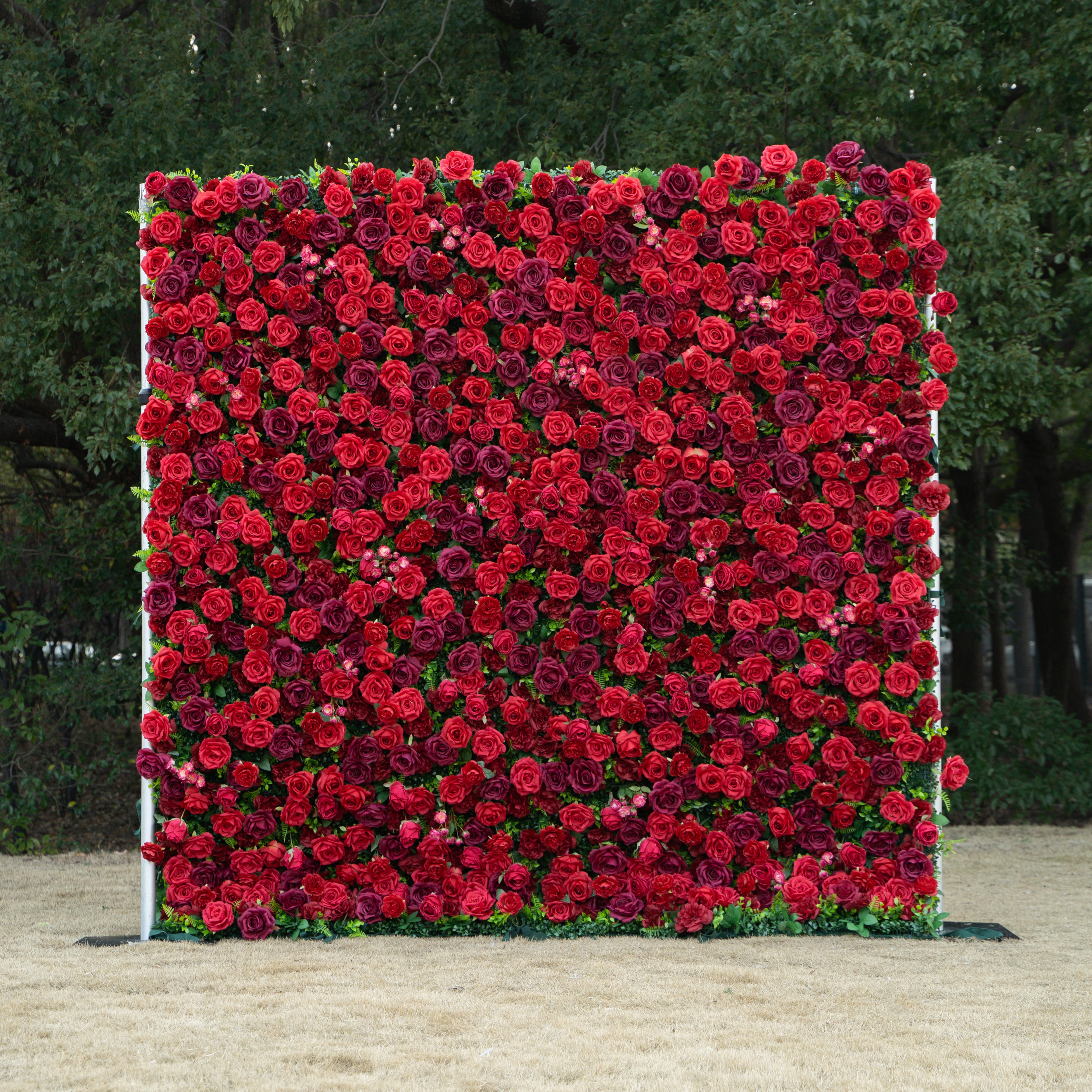 Elysia: 3D Luxury Burgundy Silk Rose Flower Wall Roll-Up Fabric Backdrop for Romantic Weddings &amp; Events