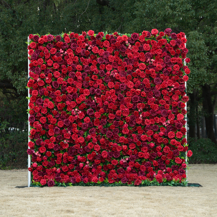 Elysia: 3D Luxury Burgundy Silk Rose Flower Wall Roll-Up Fabric Backdrop for Romantic Weddings & Events