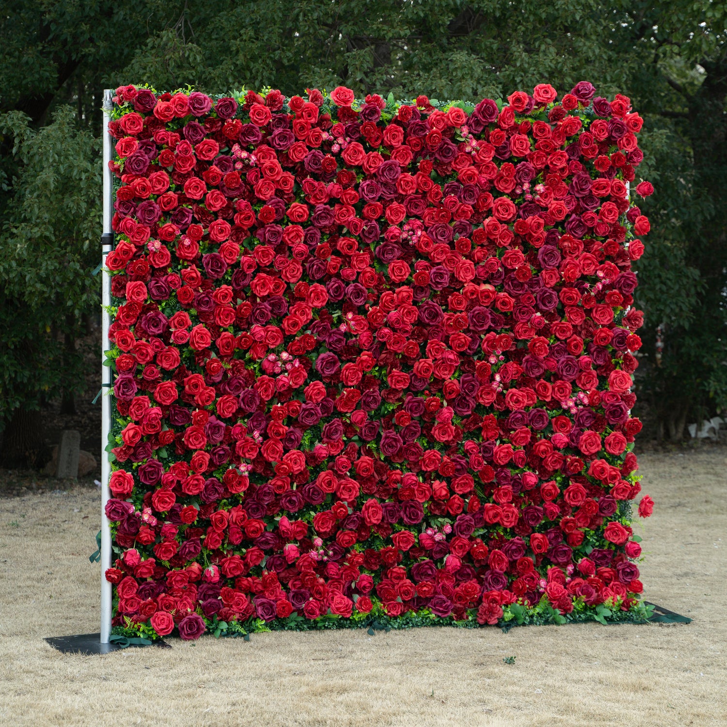 Elysia: 3D Luxury Burgundy Silk Rose Flower Wall Roll-Up Fabric Backdrop for Romantic Weddings &amp; Events