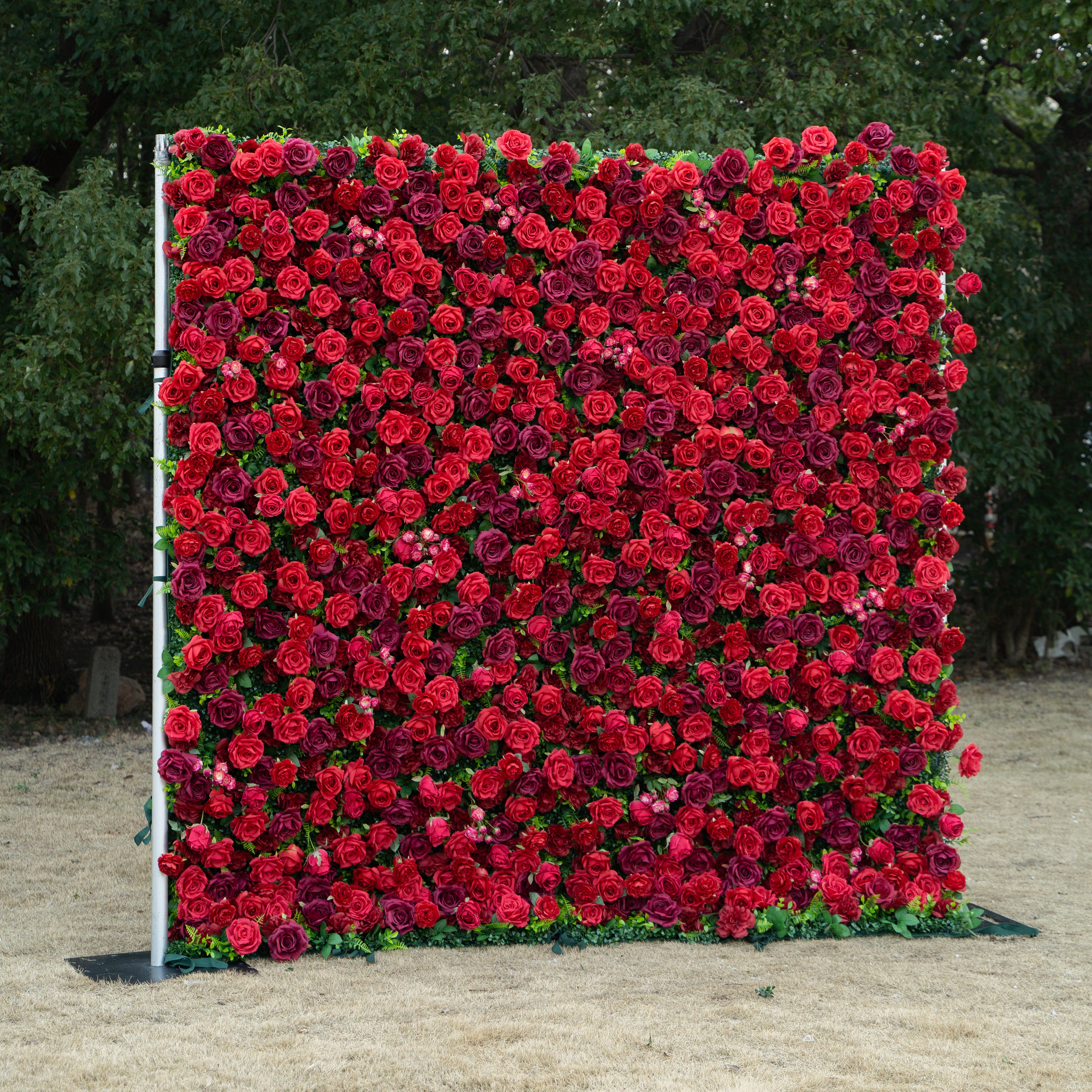 Elysia: 3D Luxury Burgundy Silk Rose Flower Wall Roll-Up Fabric Backdrop for Romantic Weddings &amp; Events