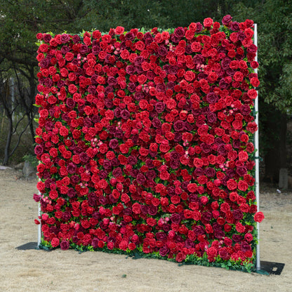 Elysia: 3D Luxury Burgundy Silk Rose Flower Wall Roll-Up Fabric Backdrop for Romantic Weddings &amp; Events