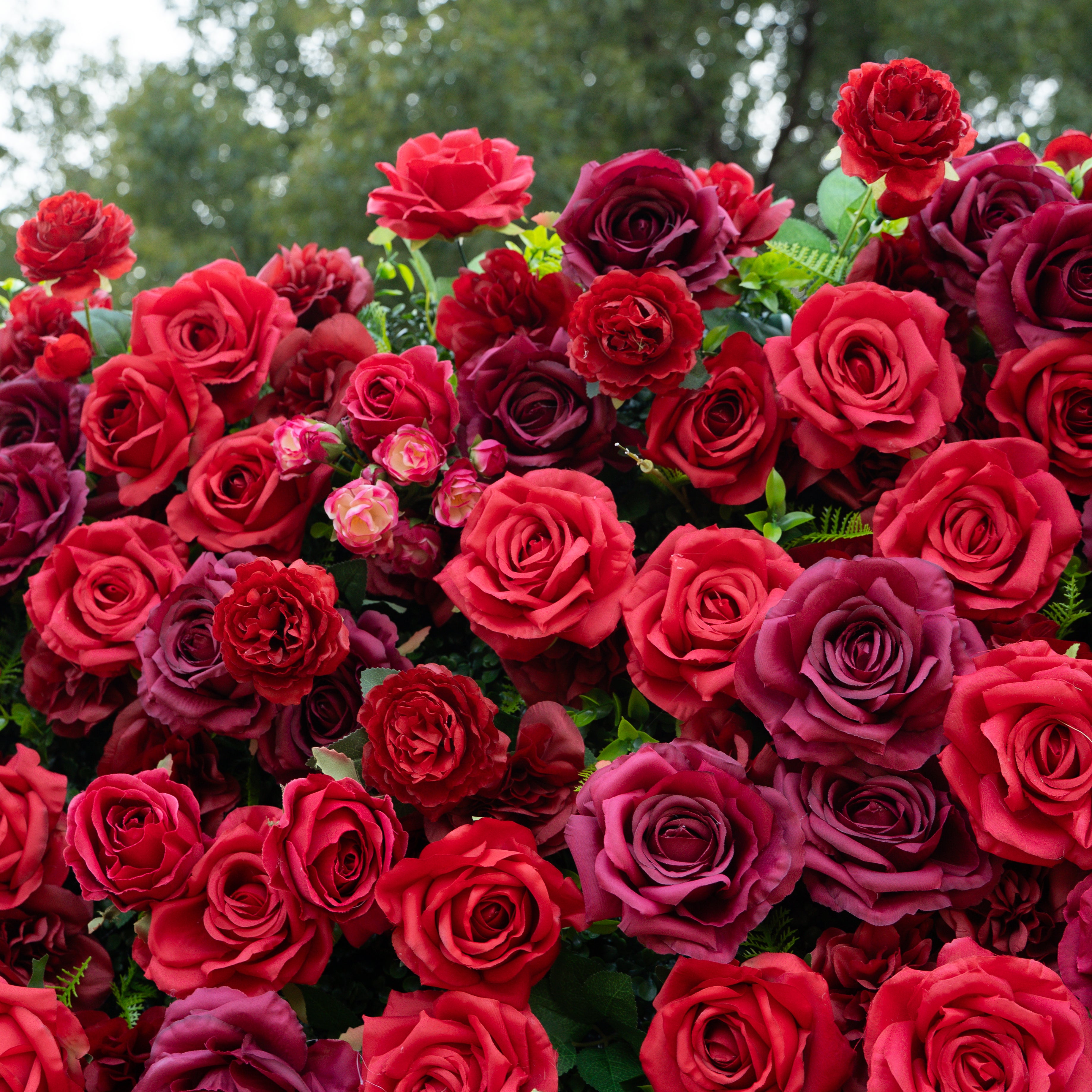 Elysia: 3D Luxury Burgundy Silk Rose Flower Wall Roll-Up Fabric Backdrop for Romantic Weddings &amp; Events