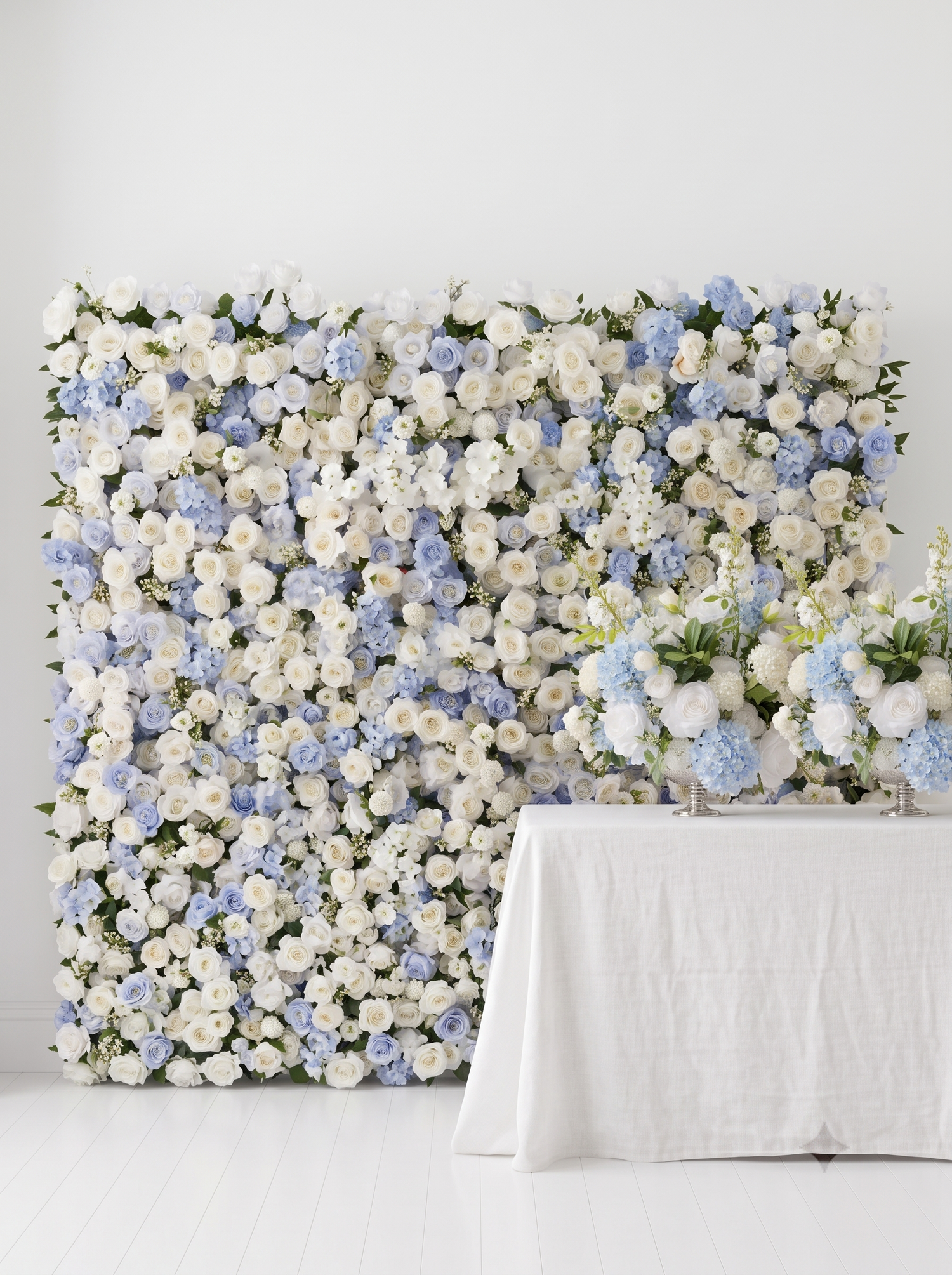 Embermira: Luxury 4D Ice White &amp; Sky Blue Silk Floral Wall Backdrop for Destination Weddings
