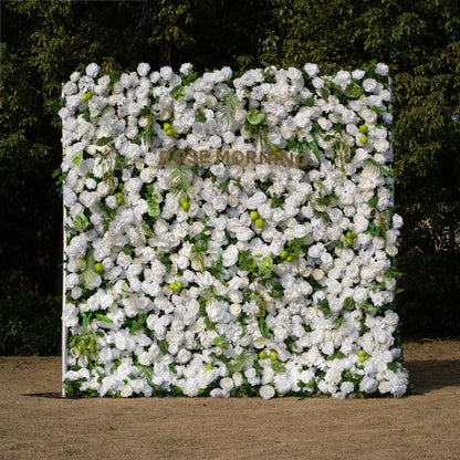 Estelle: 5D White Rose &amp; Greenery Silk Floral Wall Roll-Up Fabric Backdrop for Natural Weddings &amp; Garden Ceremonies
