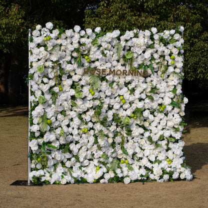 Estelle: 5D White Rose &amp; Greenery Silk Floral Wall Roll-Up Fabric Backdrop for Natural Weddings &amp; Garden Ceremonies
