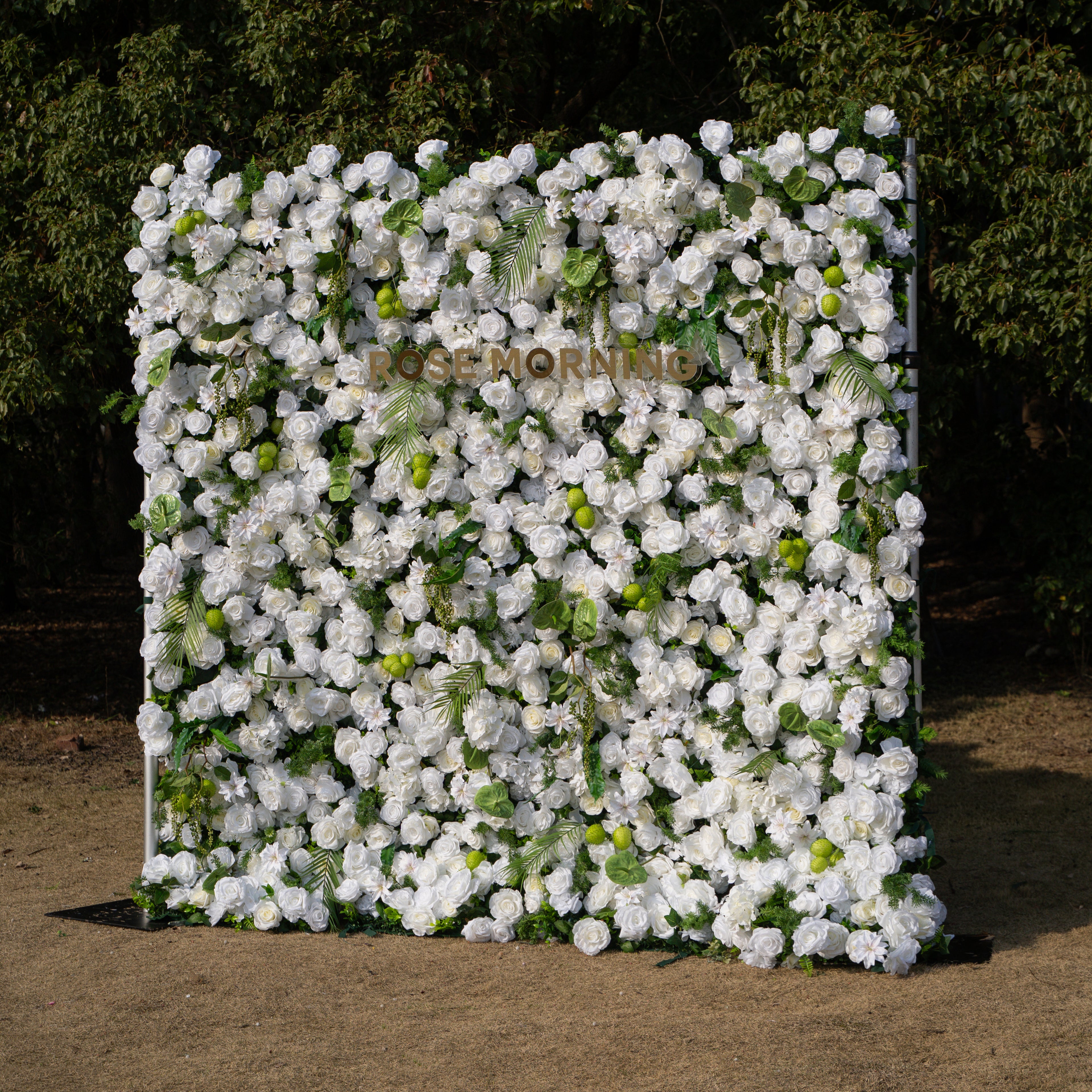 Estelle: 5D White Rose &amp; Greenery Silk Floral Wall Roll-Up Fabric Backdrop for Natural Weddings &amp; Garden Ceremonies