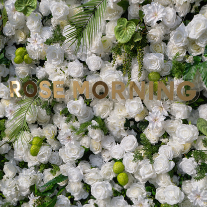 Estelle: 5D White Rose &amp; Greenery Silk Floral Wall Roll-Up Fabric Backdrop for Natural Weddings &amp; Garden Ceremonies